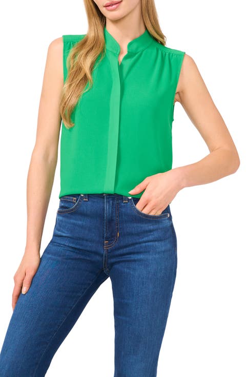 Sleeveless Mandarin Collar Button-Up Shirt