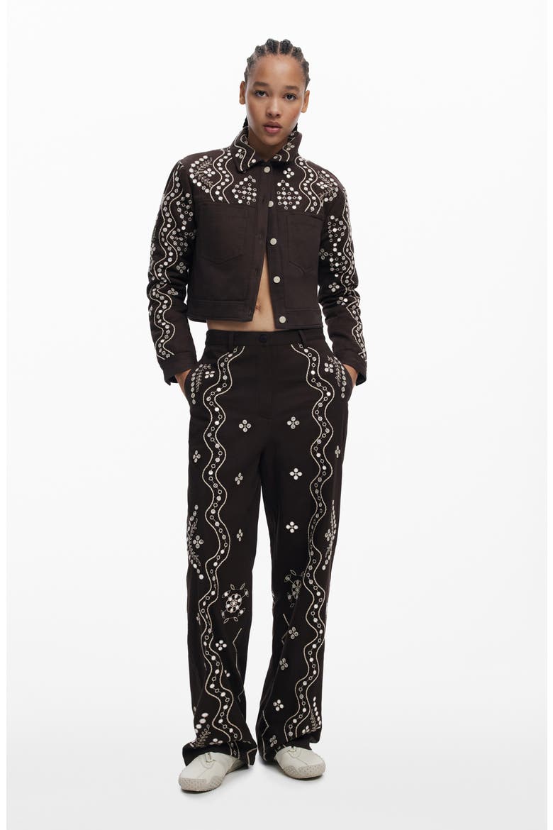 Embroidered Straight Leg Pants, Alternate, color, DARK BROWN
