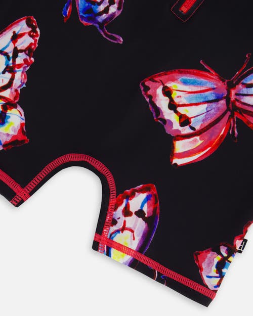 DEUX PAR DEUX DEUX PAR DEUX LITTLE GIRL'S PRINTED LONG SLEEVE ONE-PIECE RASHGUARD BLACK AND MULTICOLORED BUTTERFLI