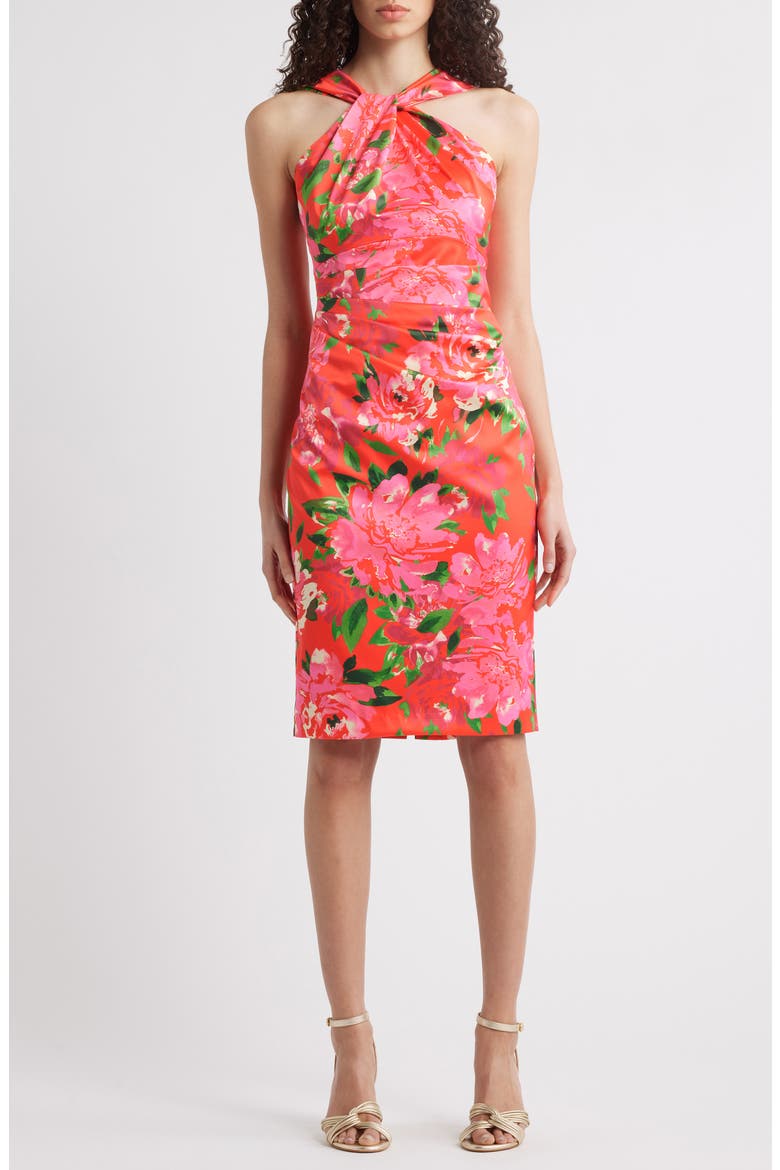 Floral Print Twist Neck Sheath Dress, Main, color, CHY