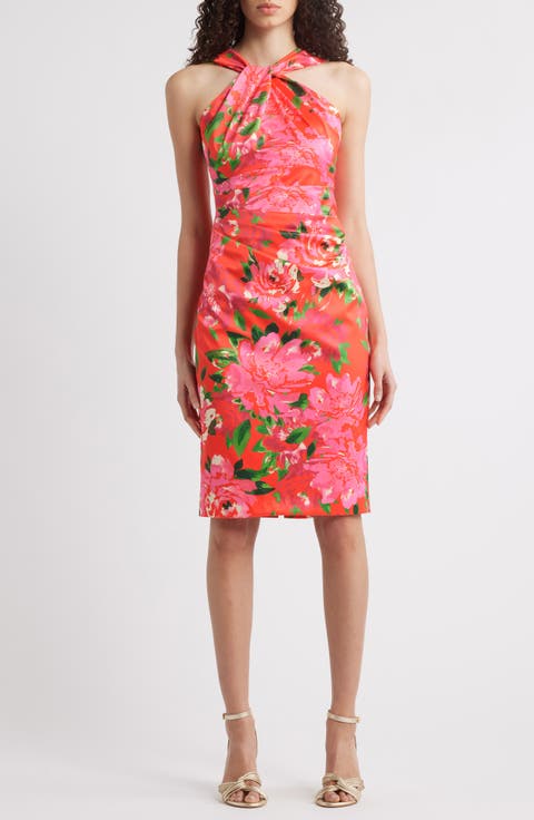 Floral Print Twist Neck Sheath Dress