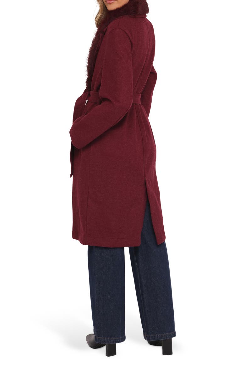 Nina Belted Faux Fur Collared Coat, Alternate, color, BURGUNDY