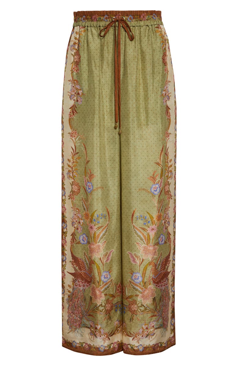 Zimmermann Indra Border Print Relaxed Silk Wide Leg Pants, Alternate, color, Khaki Scarf Floral