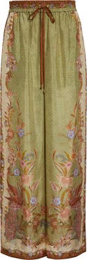 Zimmermann Indra Border Print Relaxed Silk Wide Leg Pants