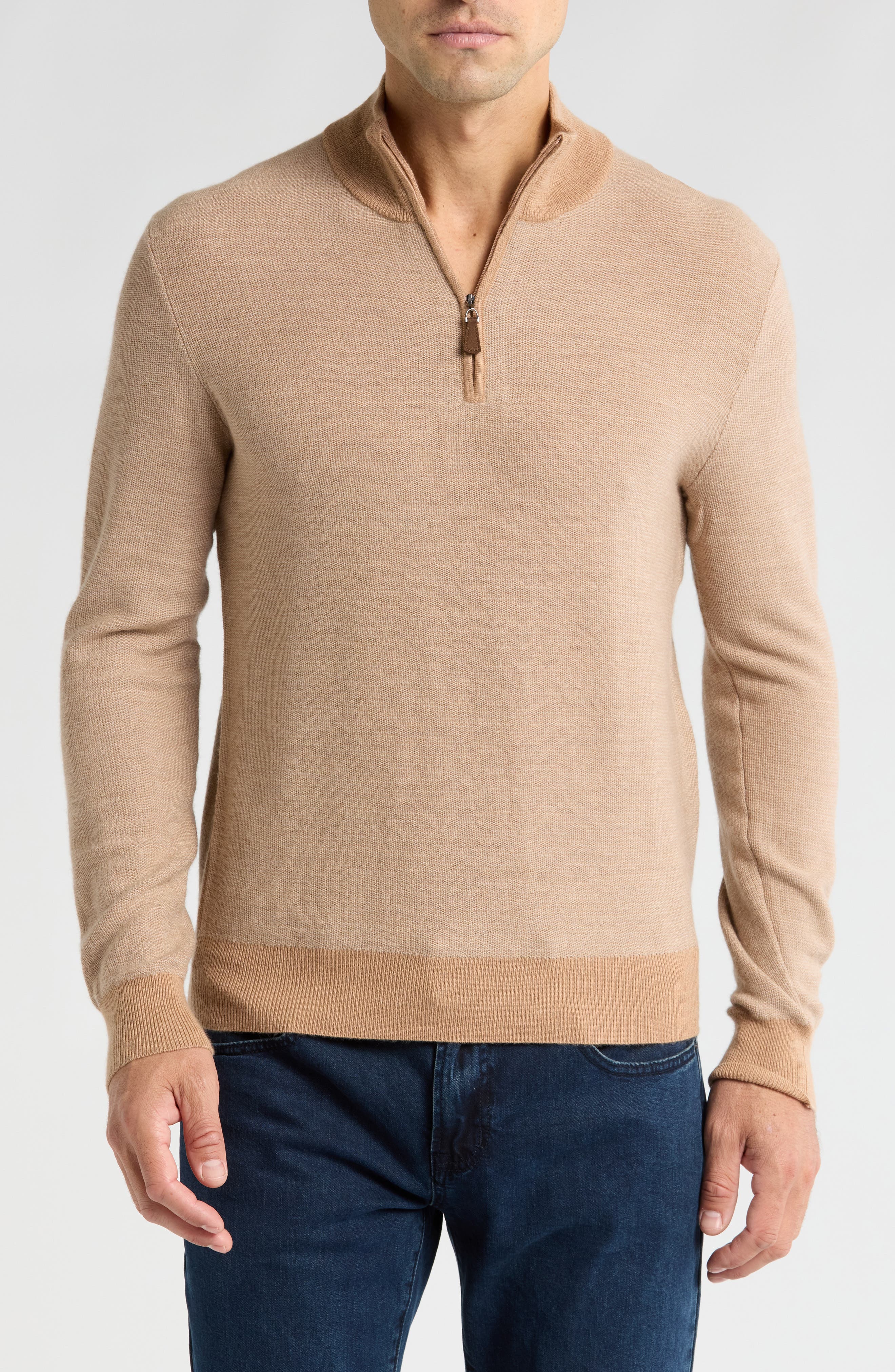 Bruno Magli Piqué Merino Wool Feeder Stripe Quarter Zip Pullover