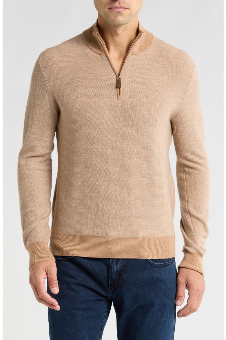 Piqué Merino Wool Feeder Stripe Quarter Zip Pullover, Main, color, CAMEL BEIGE