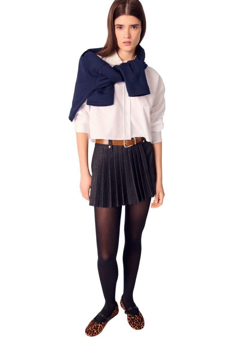 maje Layered-effect pleated denim shorts, Alternate, color,