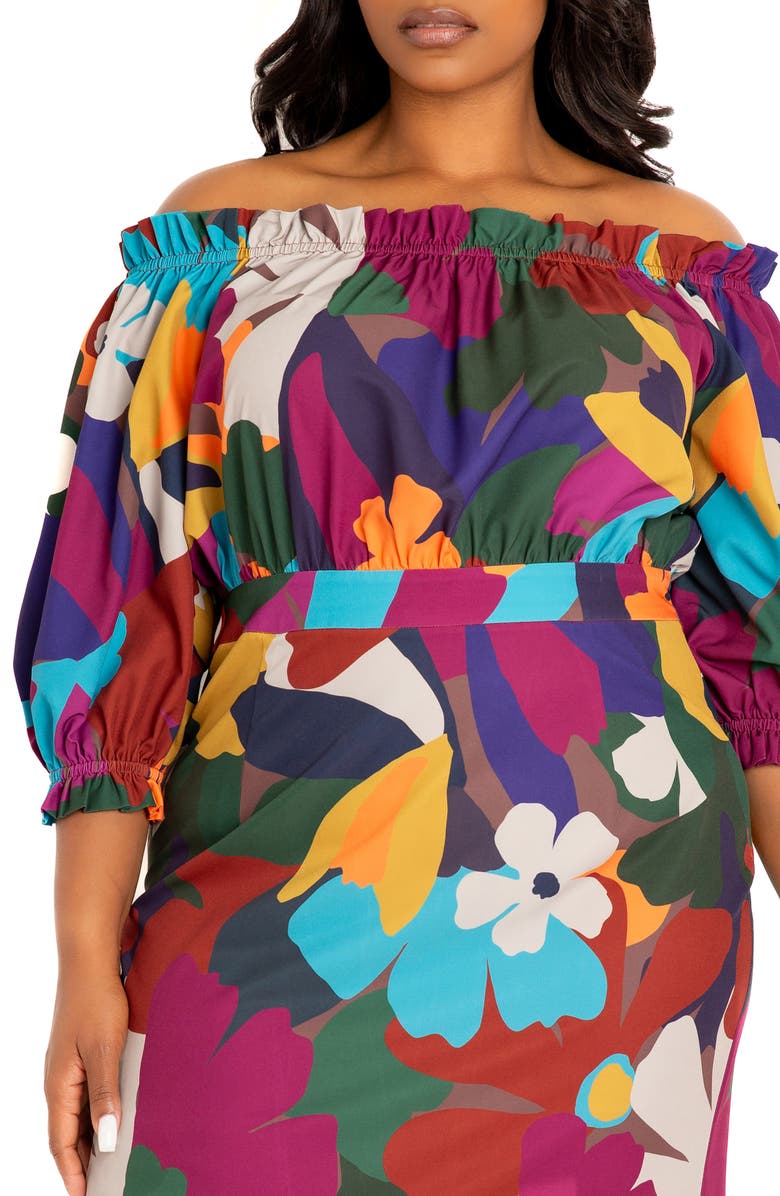 BUXOM COUTURE Floral Off-the-Shoulder Fit & Flare Dress, Alternate, color, Brown Multi