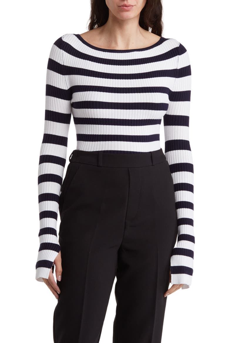 Amiri Stripe Boat Neck Crop Sweater, Main, color, PEACOAT/ BRIGHT WHITE