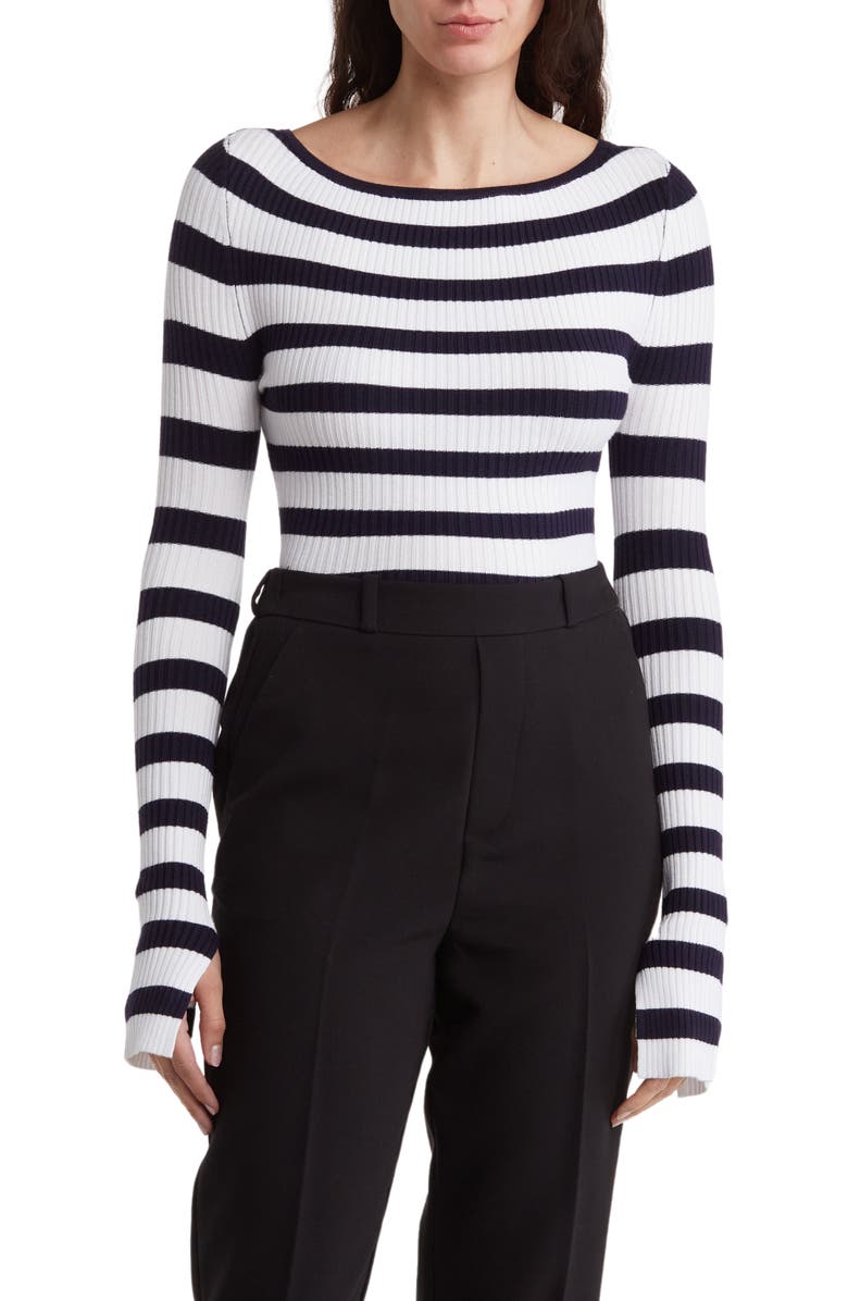 BY DESIGN Amiri Stripe Boat Neck Crop Sweater, Main, color, Peacoat/ Bright White