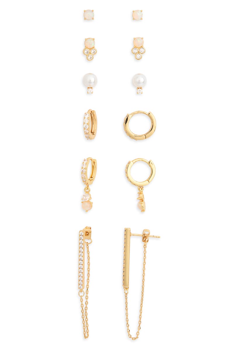 NORDSTROM RACK Set of 6 Cubic Zirconia & Faux Pearl Earrings, Main, color, Clear- White- Gold