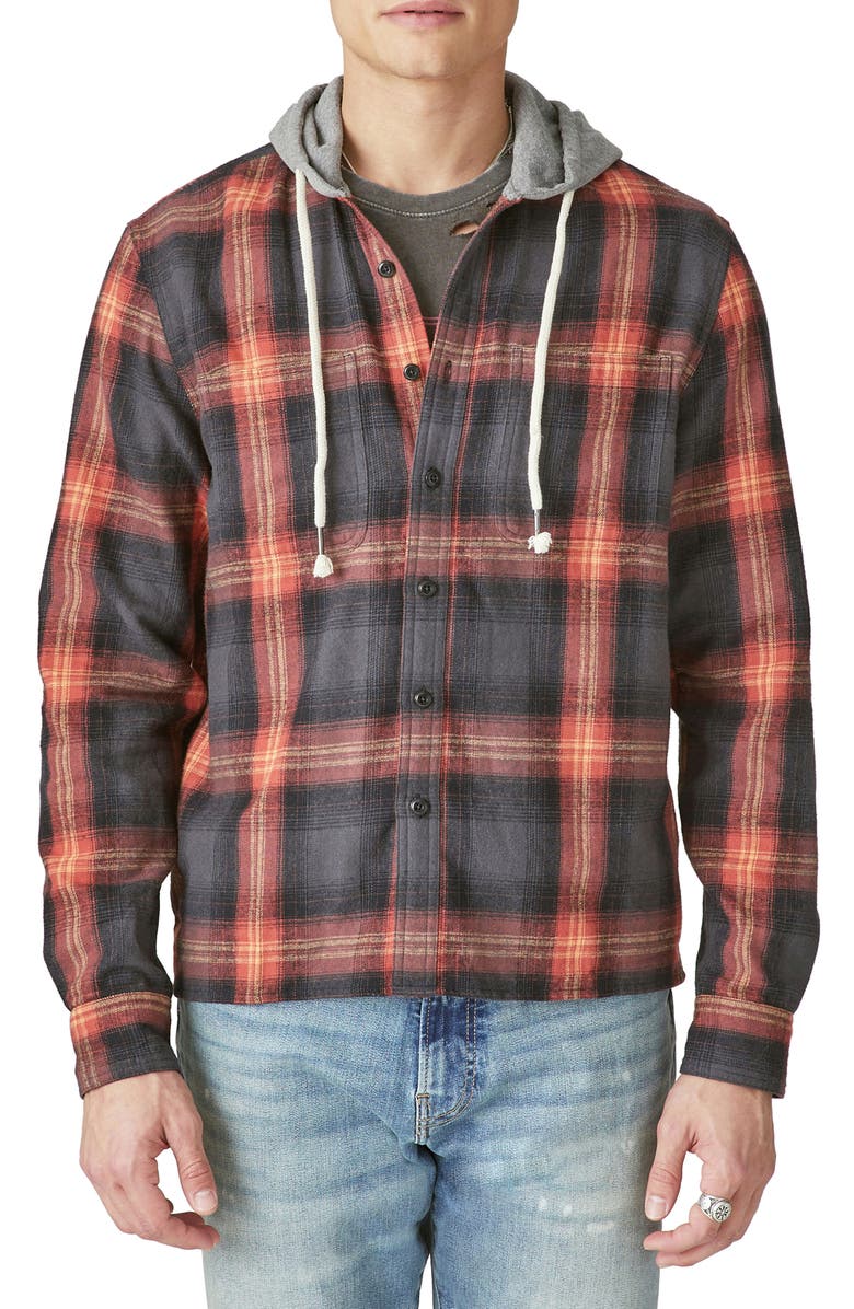 Lucky Brand Plaid Cotton Flannel Hooded Shirt Jacket, Main, color, 