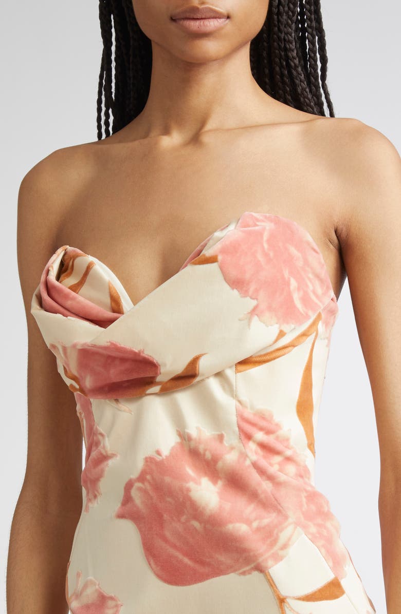 Lela Rose Peony Print Draped Cotton Strapless Dress, Alternate, color, Pink Multi