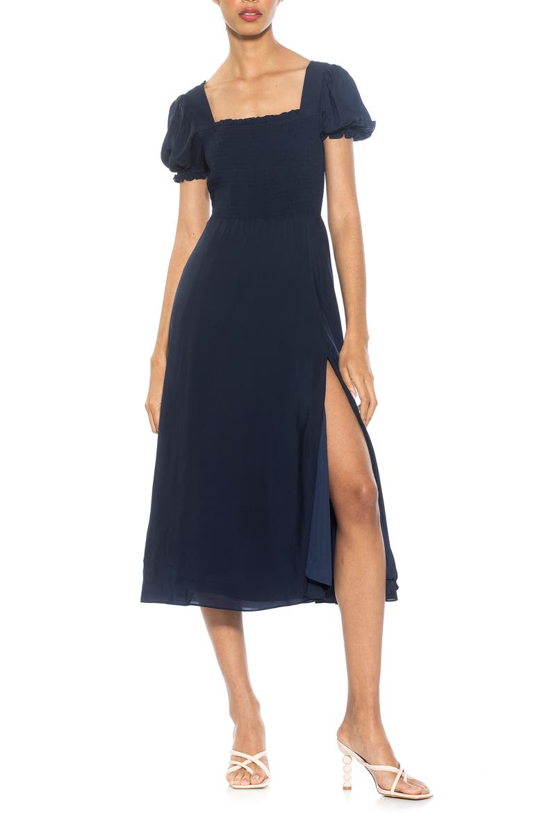 Iris Smocked Short Sleeve Midi Dress, Main, color, NAVY