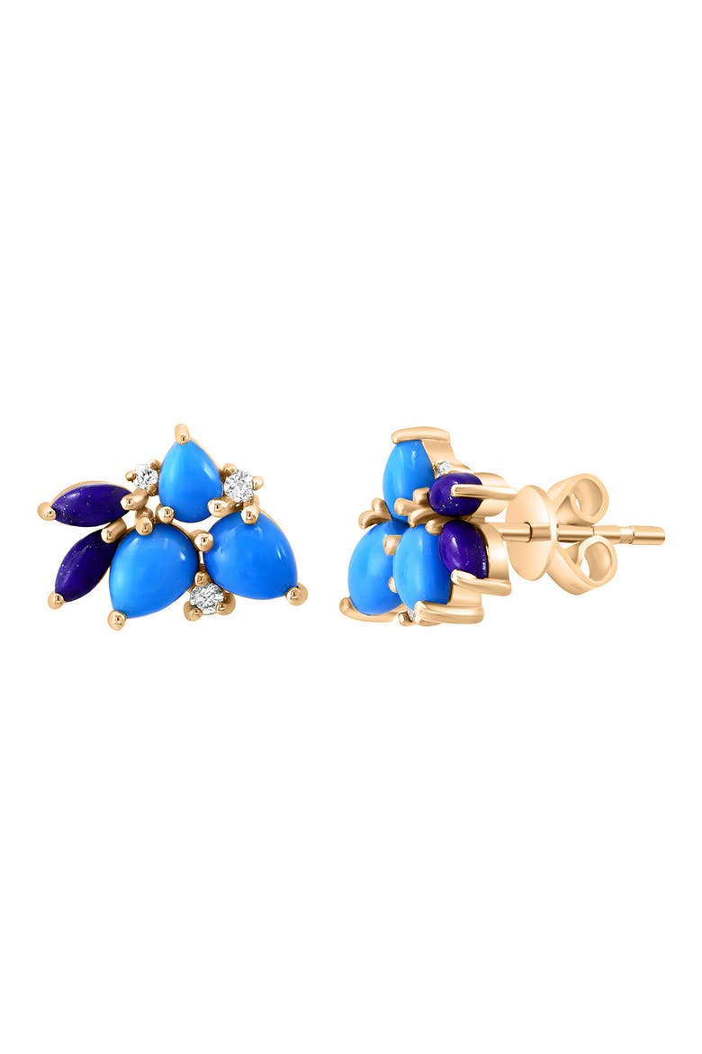 14K Yellow Gold Lapis Lazui, Turquoise & Diamond Cluster Stud Earrings - 0.08ct., Alternate, color, BLUE