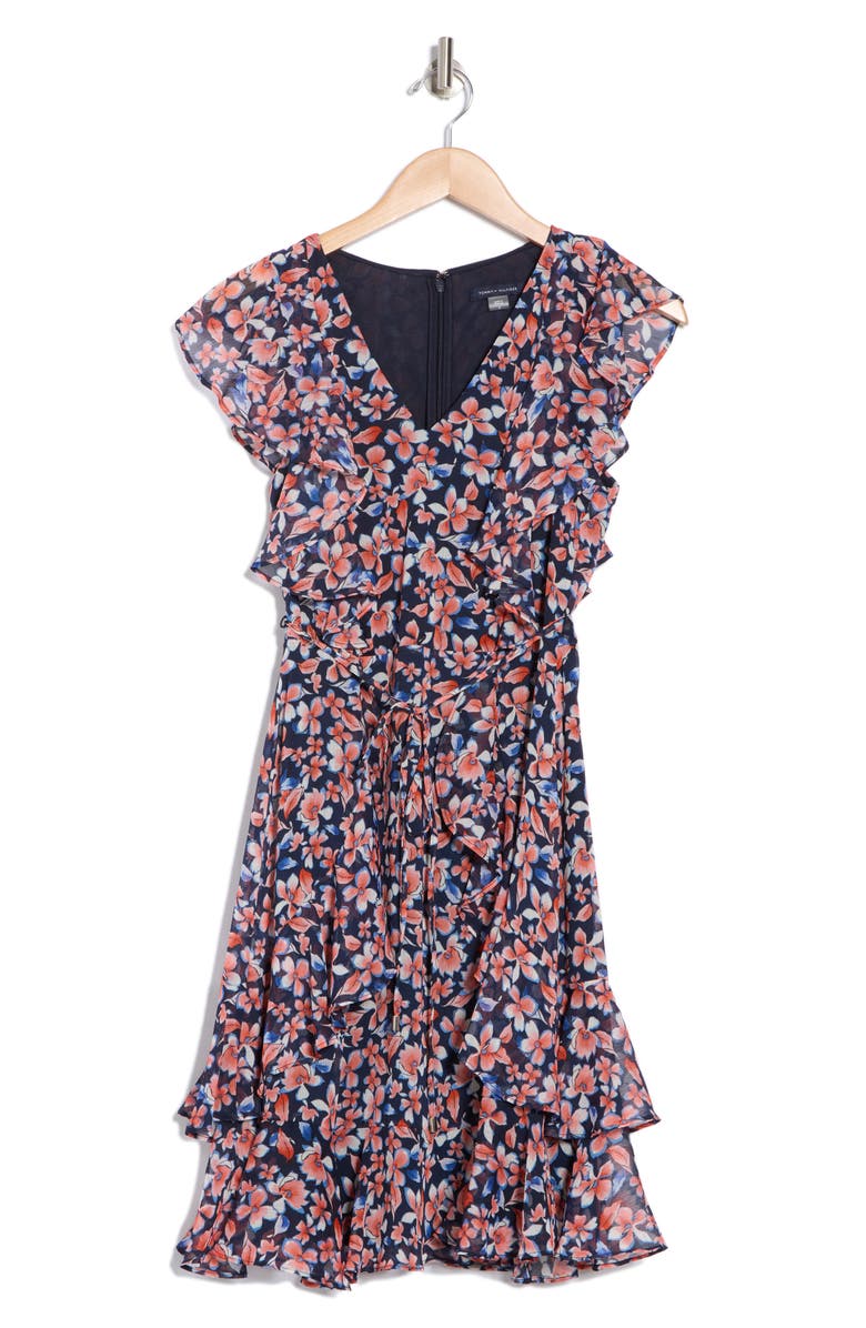 Tommy Hilfiger Floral Flutter Sleeve Chiffon Fit & Flare Dress, Alternate, color,