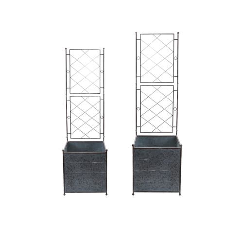 Storied Home 2-piece Galvanized Metal Planters With Trellis, Silver In Gray