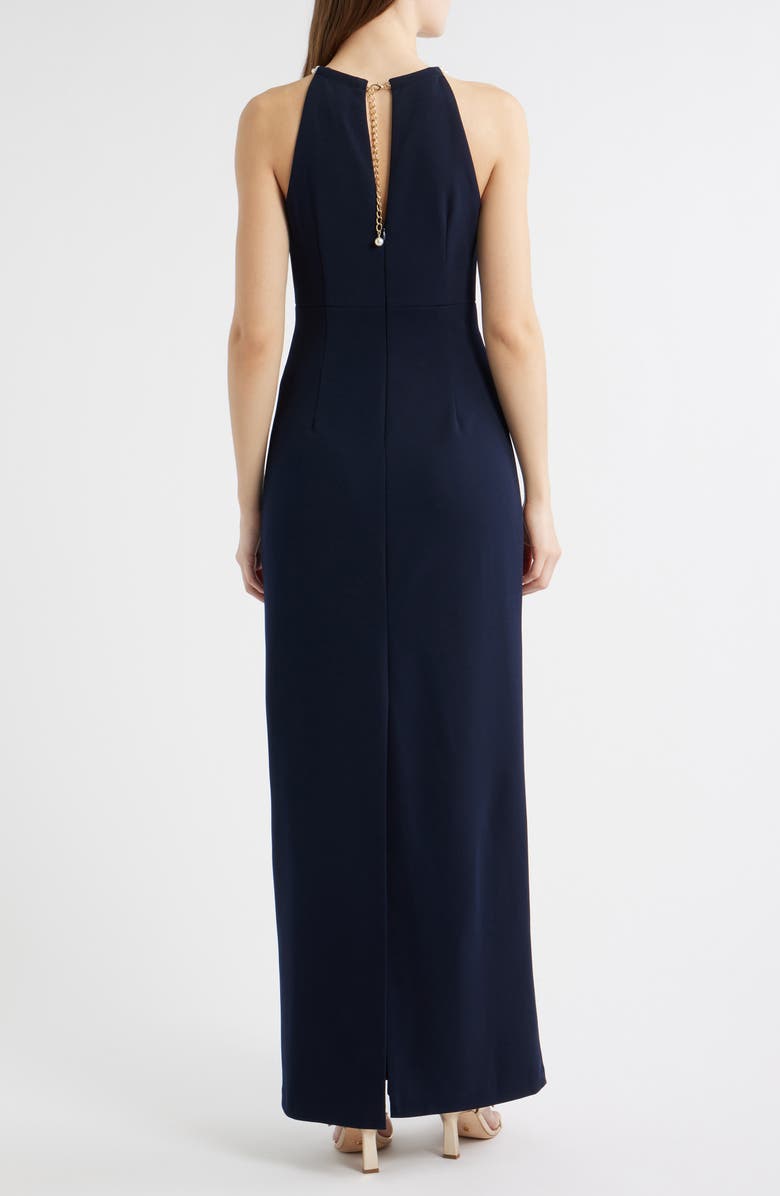 Eliza J Faux Pearl Neckline Gown, Alternate, color, Navy