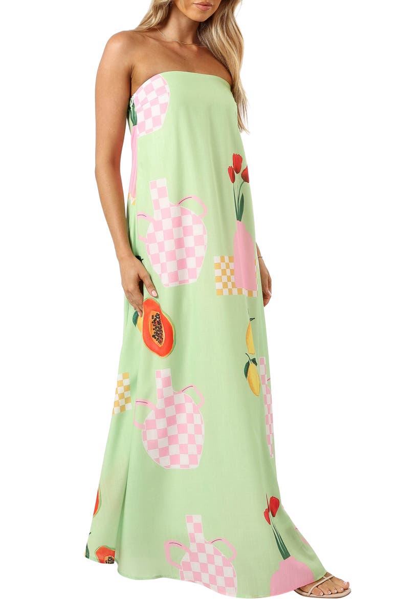 Petal & Pup Piccolo Fruit Print Strapless Maxi Dress, Alternate, color, Green Papaya