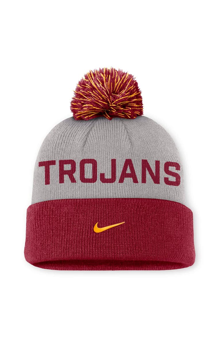 Nike Men's Nike Gray/Cardinal USC Trojans Primetime Peak Cuffed Knit Hat with Pom, Alternate, color, Gray