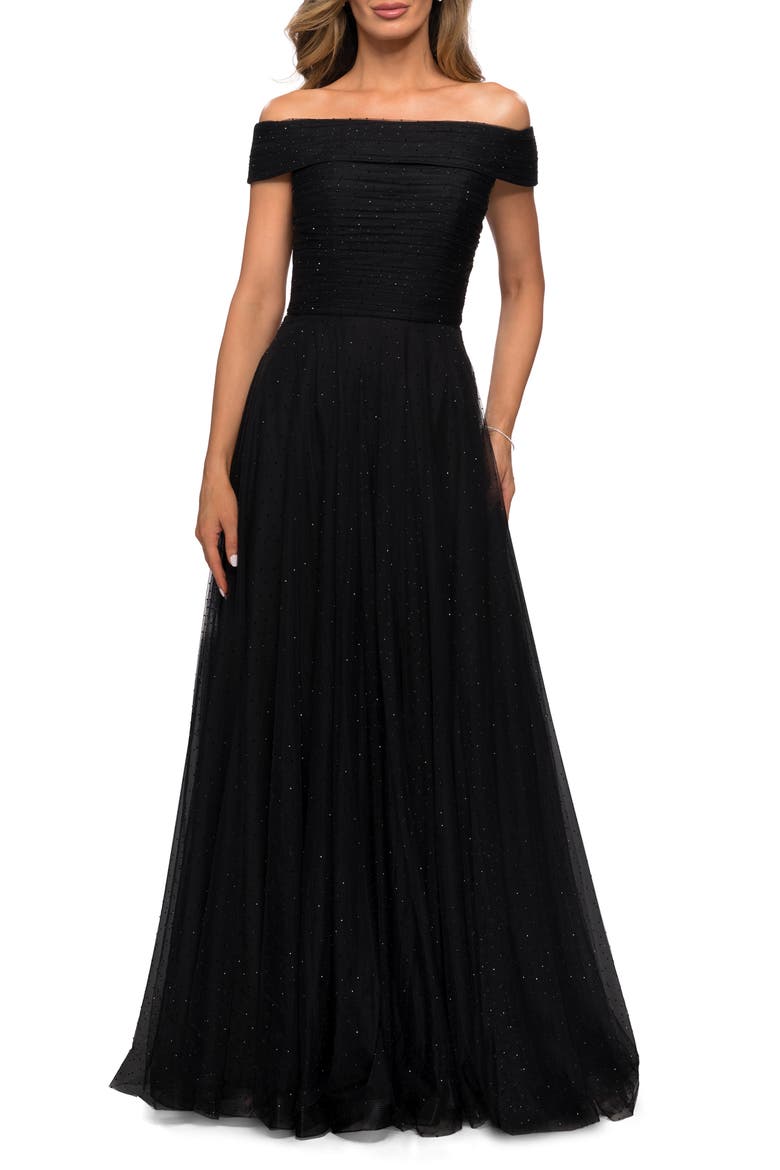 Tulle Off the Shoulder A-line Dress with Rhinestones, Alternate, color, BLACK