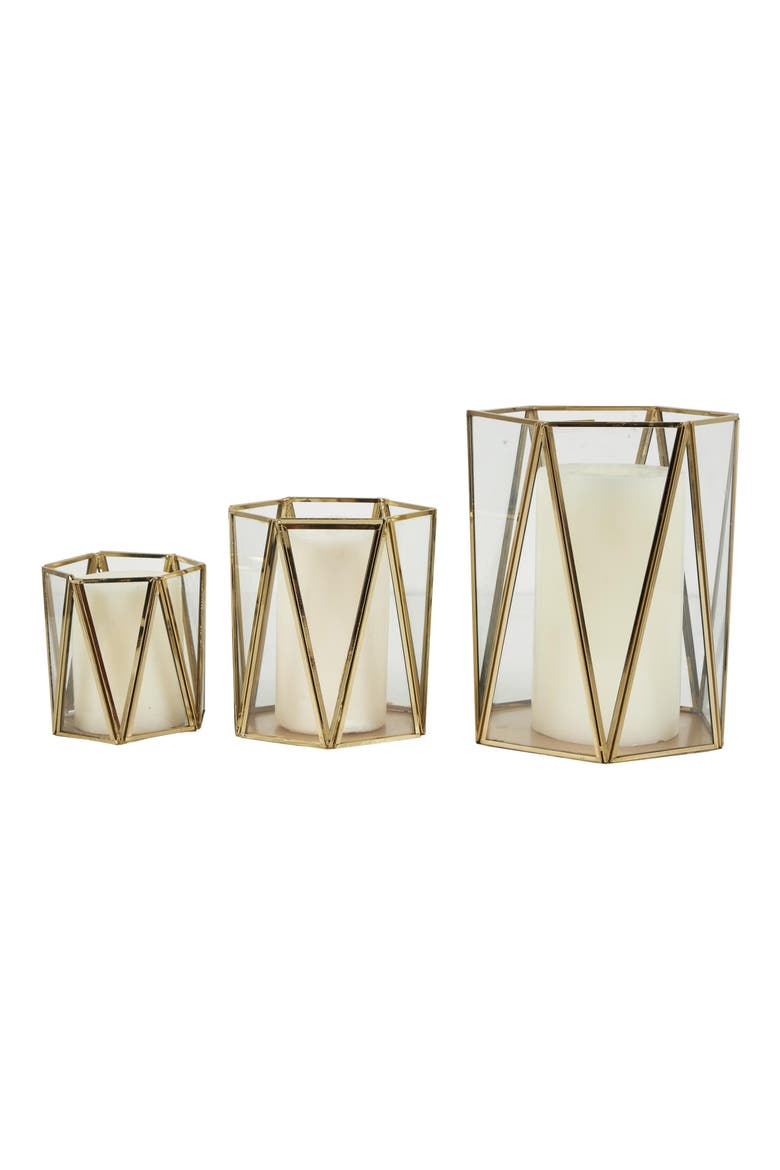 Set of 3 Modern Metal Lantern Candle Holders, Main, color, GOLD