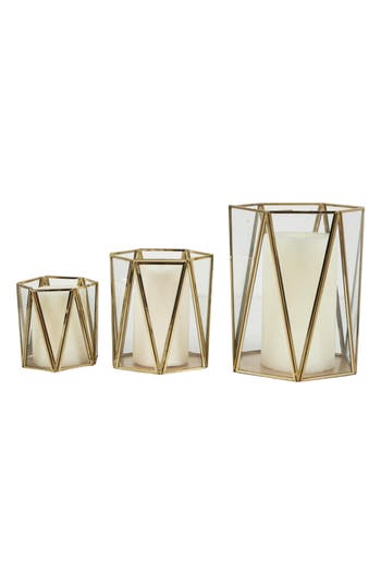 Uma Set Of 3 Modern Metal Lantern Candle Holders In Gold