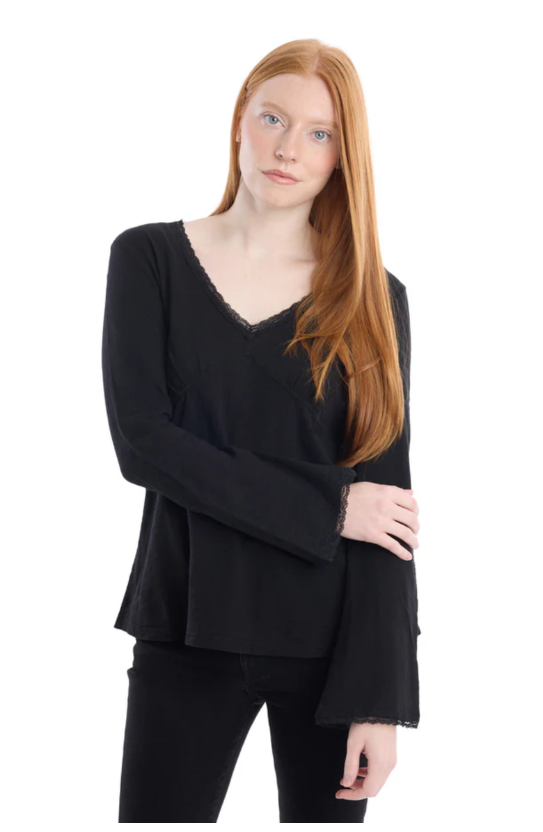 WILT Clothing V-Neck Long Sleeve Empire Seam Trapeze Tee with Lace Trims, Alternate, color, Black