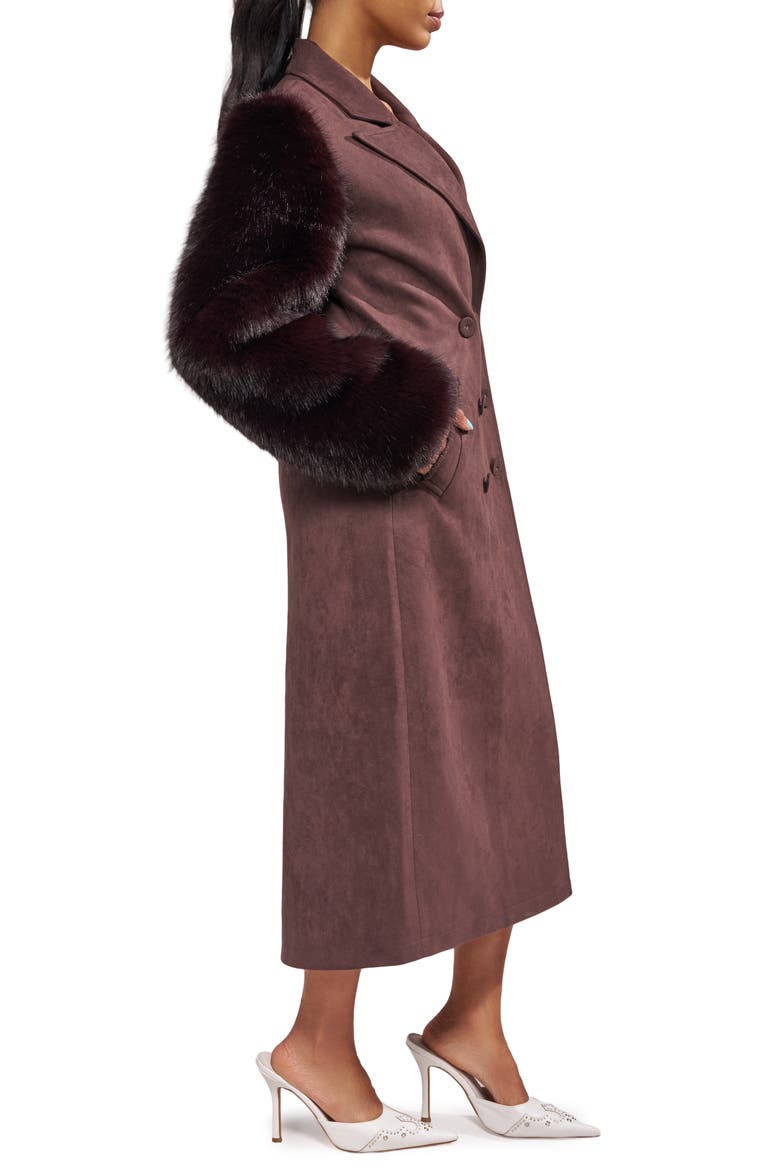 Lurielle Faux Fur Sleeve Faux Suede Trench Coat, Alternate, color, ESPRESSO