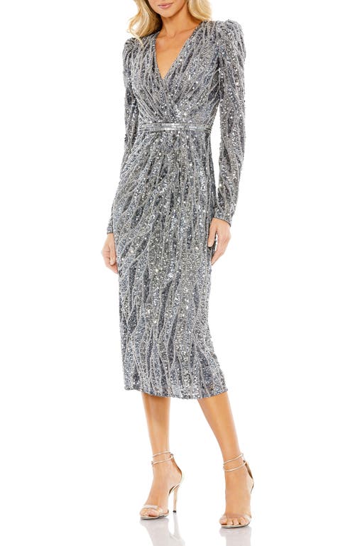 Mac Duggal Embellished Faux Wrap Puff Sleeve Midi Dress In Gray