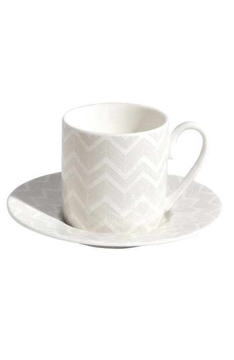 Coffee Cup & Saucer ZIG ZAG Set of 6 in Luxury Box White diam. 2.3", H 2.5", Cap. 4 oz, Saucer diam. 4.75"