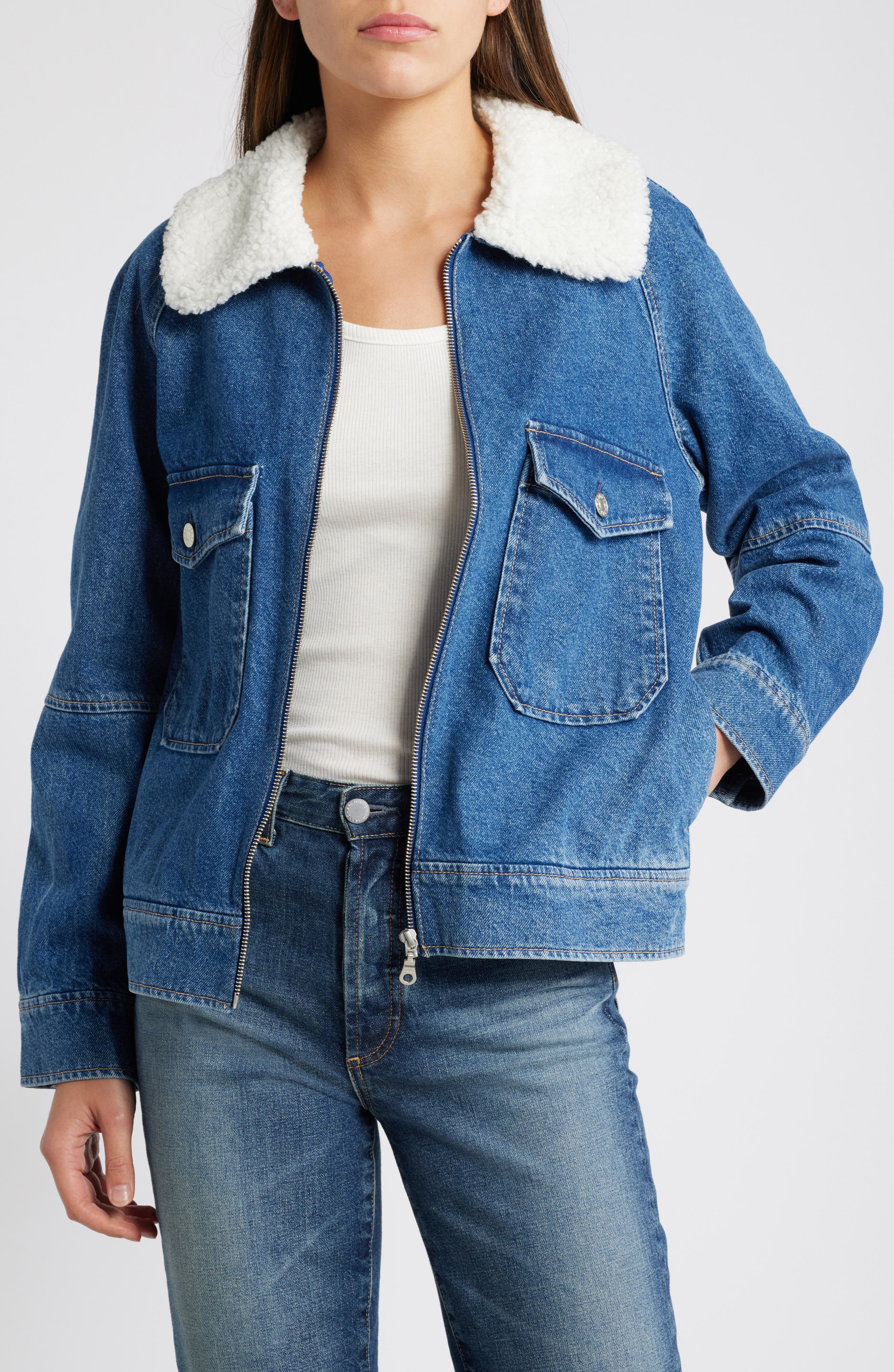 Cheyenne Faux Shearling Collar Denim Zip-Up Utility Jacket