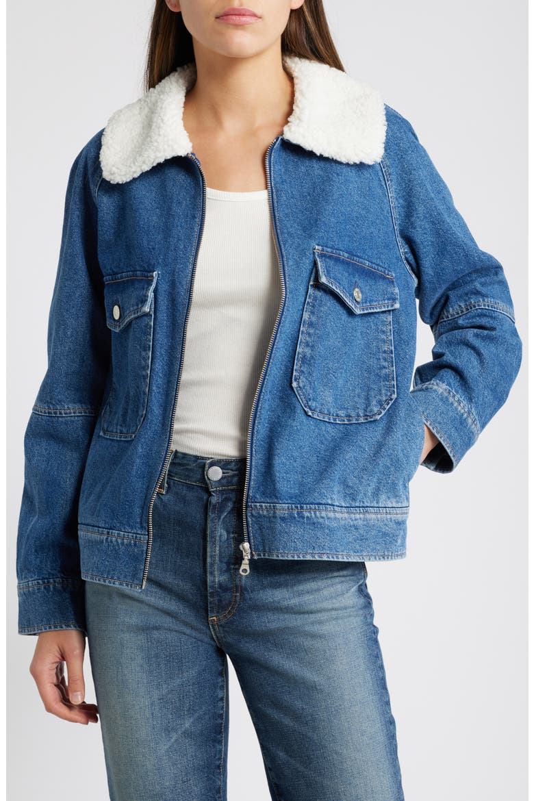 Cheyenne Faux Shearling Collar Denim Zip-Up Utility Jacket, Main, color, INDIGO SHERPA