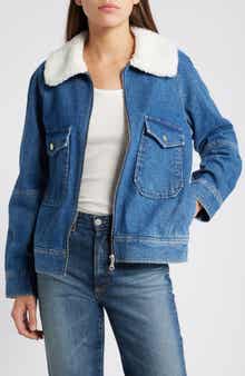 Cheyenne Faux Shearling Collar Denim Zip-Up Utility Jacket