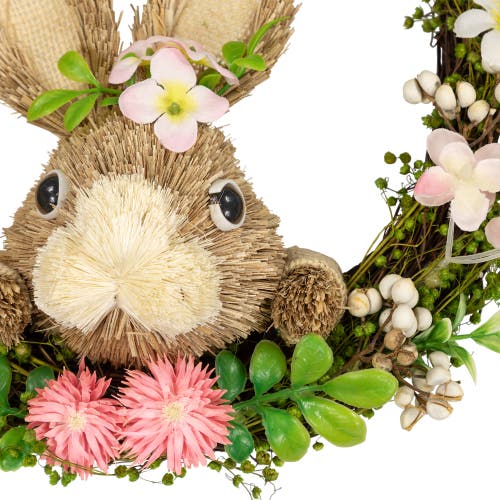 Northlight Spring Floral Easter Wreath With Peering Rabbit In Brown