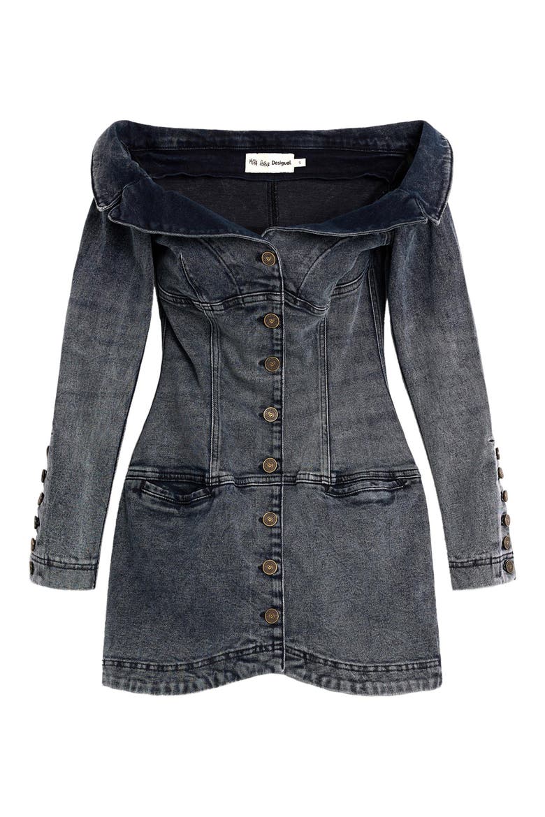 x Masha Popova Long Sleeve Off the Shoulder Denim Minidress, Alternate, color, GRAY