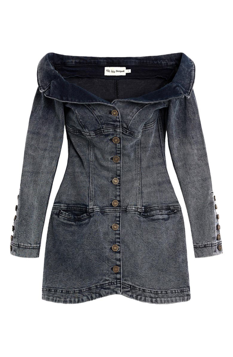 Desigual x Masha Popova Long Sleeve Off the Shoulder Denim Minidress, Alternate, color, Gray