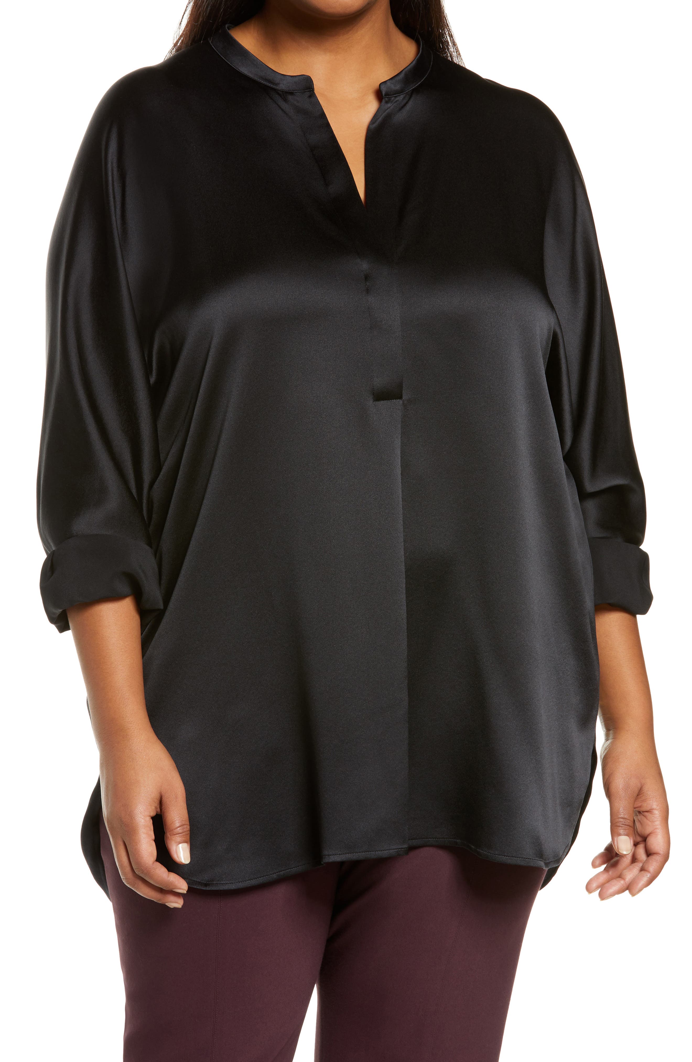 Vince Band Collar Silk Tunic Blouse
