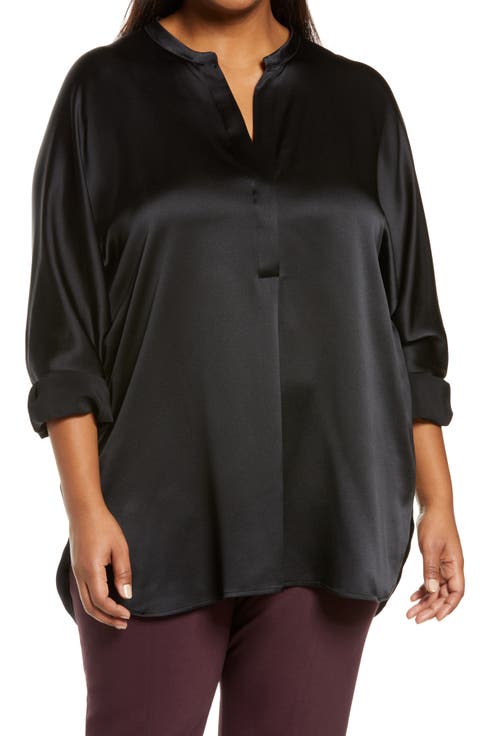 Band Collar Silk Tunic Blouse (Plus)