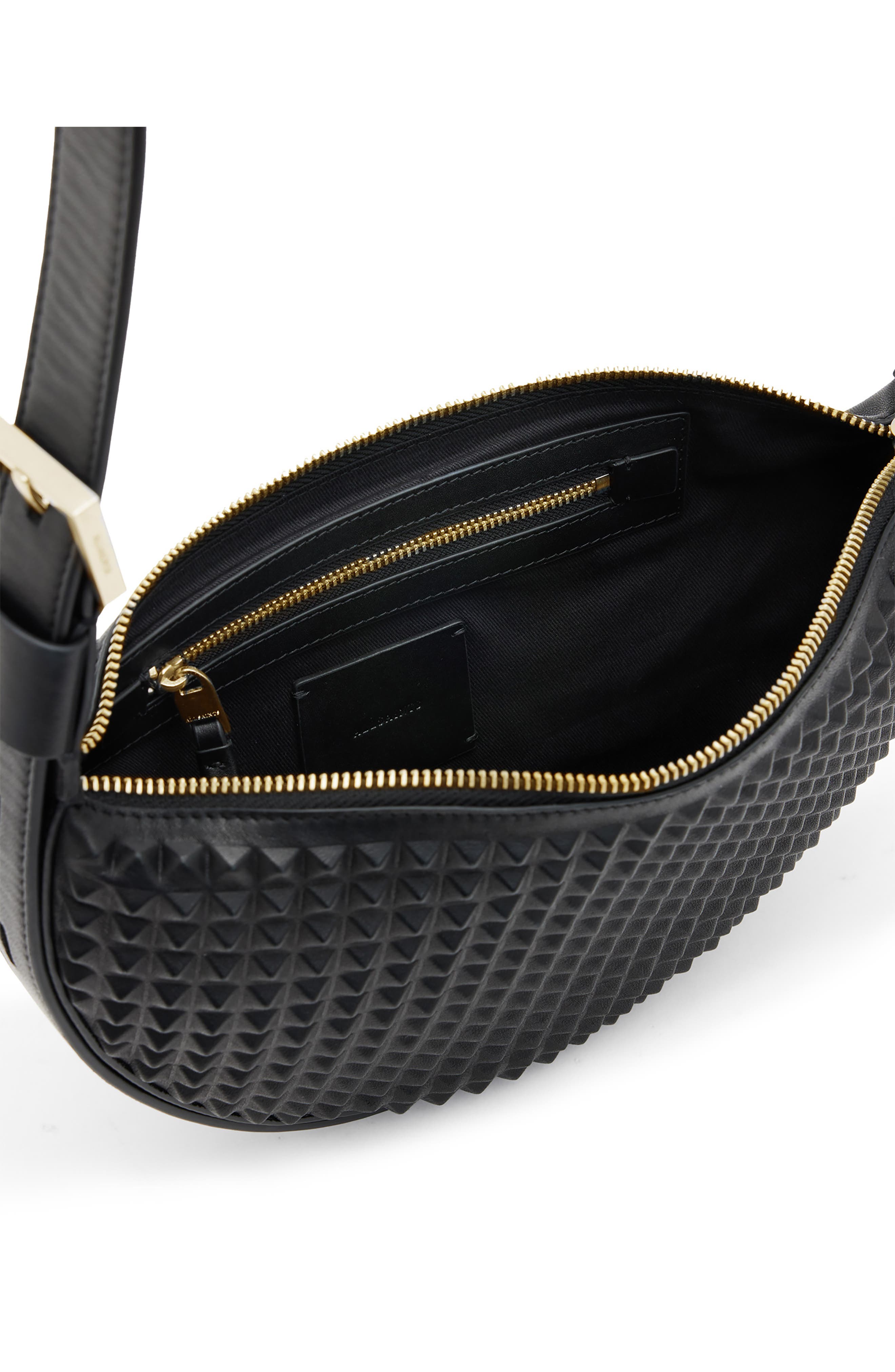 AllSaints Half Moon Studded Leather Crossbody Bag, Alternate, color, 