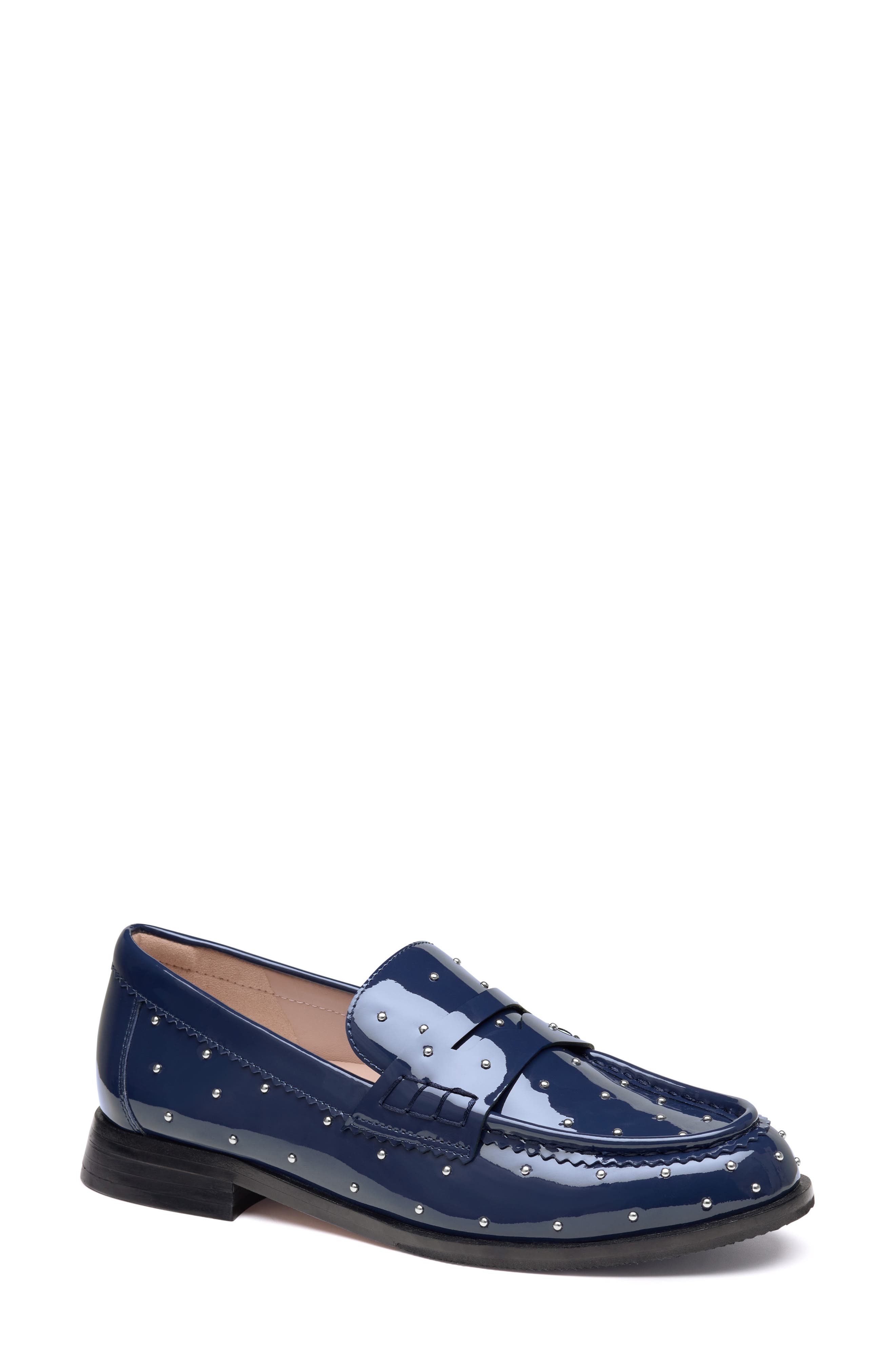 Gillian Studded Patent Leather Penny Loafer, Main, color, NAVY PATENT LEATHER
