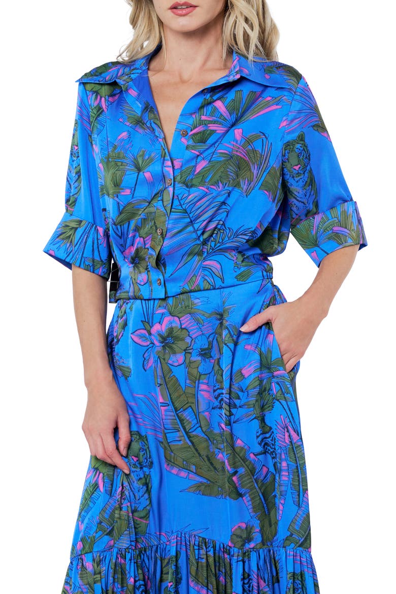 Aurelia Palm Print Elbow Sleeve Button-Up Shirt, Alternate, color, BLUE MULTI