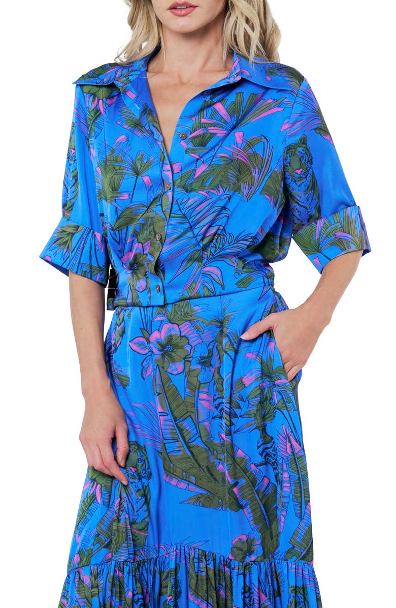 CIEBON Aurelia Palm Print Elbow Sleeve Button-Up Shirt, Alternate, color, Blue Multi