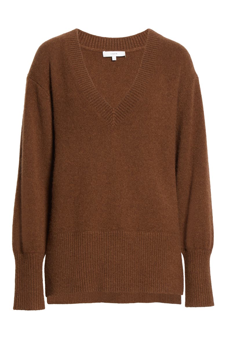 Ribbed V-Neck Cashmere Tunic Sweater, Alternate, color, HEATHER VERONA