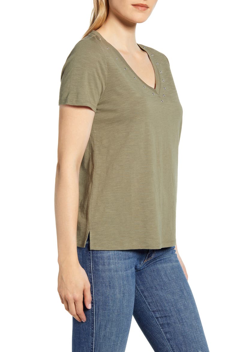 Studded V-Neck Cotton Blend T-Shirt, Alternate, color, LIGHT SAGE