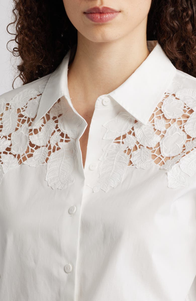 Elie Tahari The Kira Floral Appliqué Button-Up Shirt, Alternate, color, Sky White