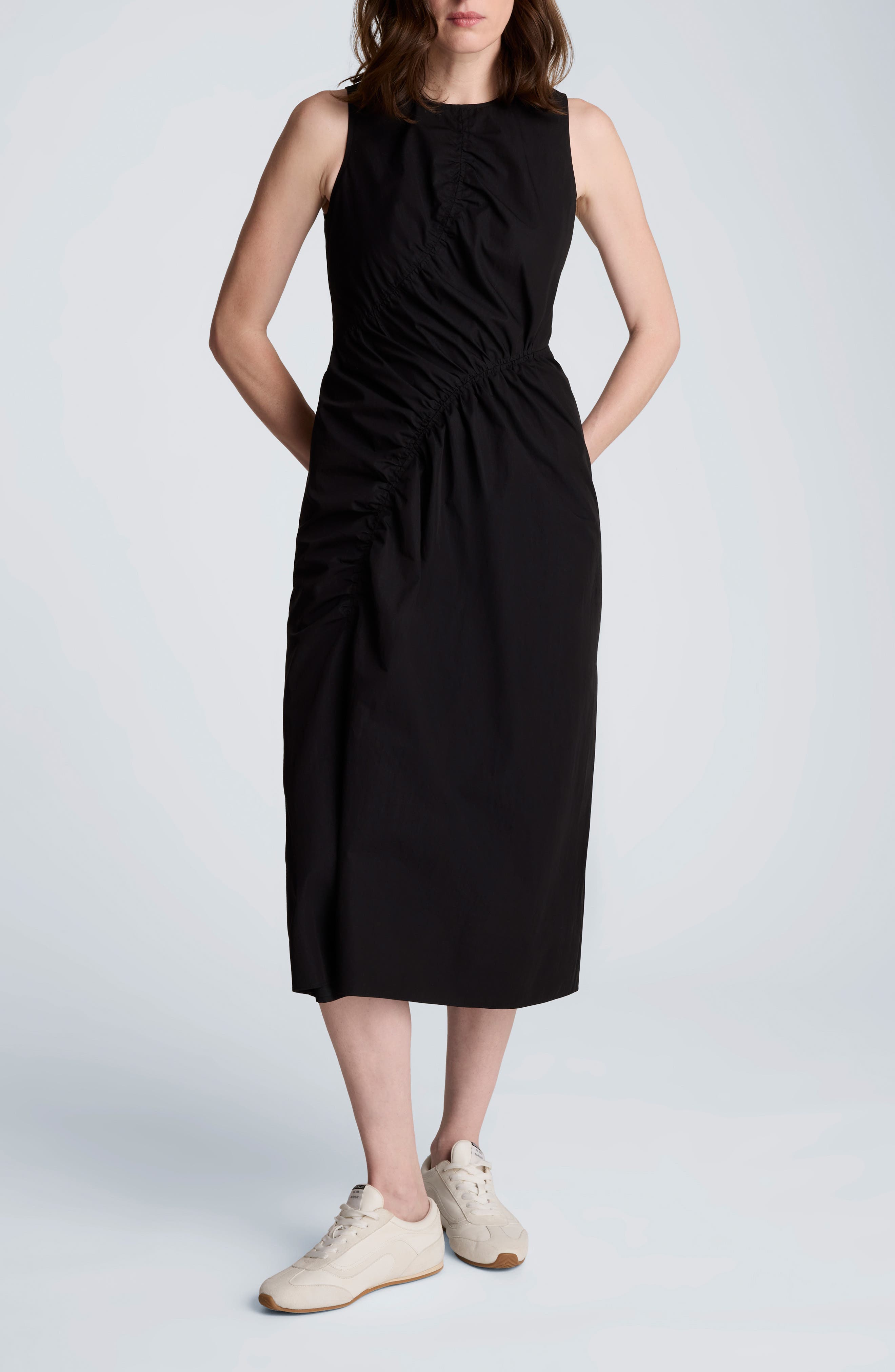 Asymmetric Ruched Cotton Blend Midi Dress