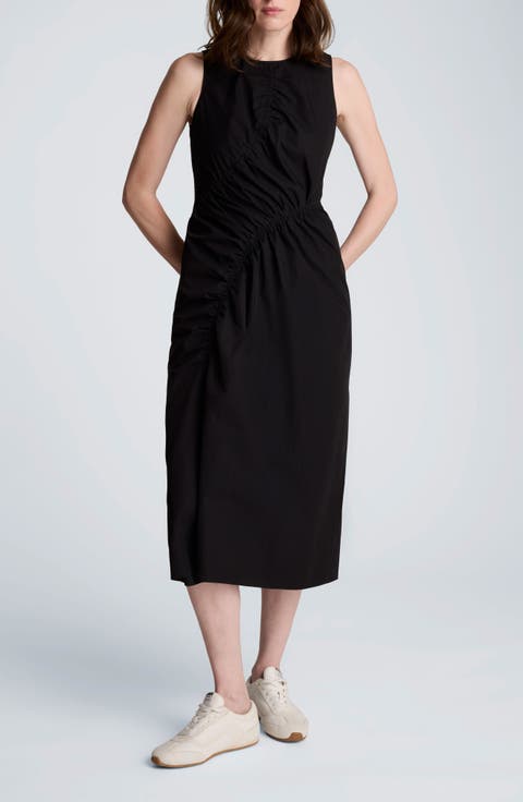 Asymmetric Ruched Cotton Blend Midi Dress