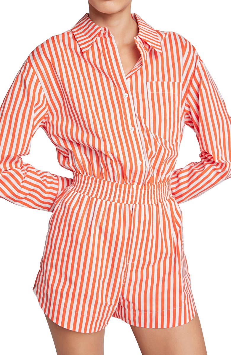English Factory Stripe Long Sleeve Cotton Romper, Alternate, color, Orange