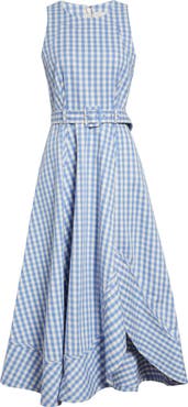 Cinq à Sept Zelda Gingham Belted Denim Midi Dress
